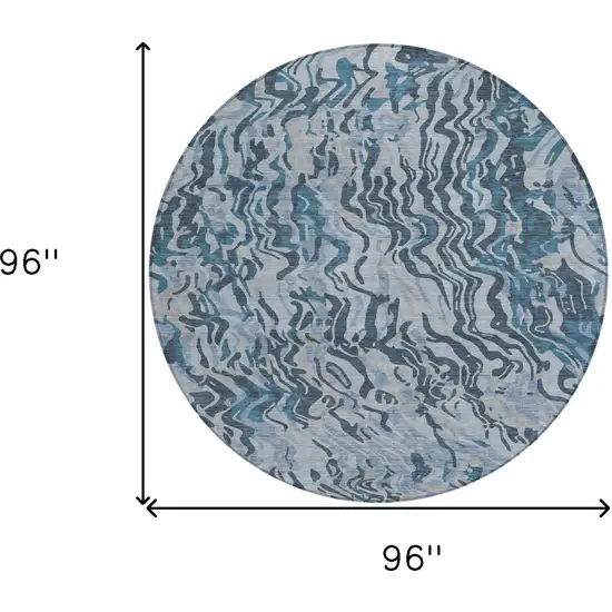 8' Sky Blue Black And Teal Blue Round Abstract Washable Indoor Outdoor Area Rug Photo 3