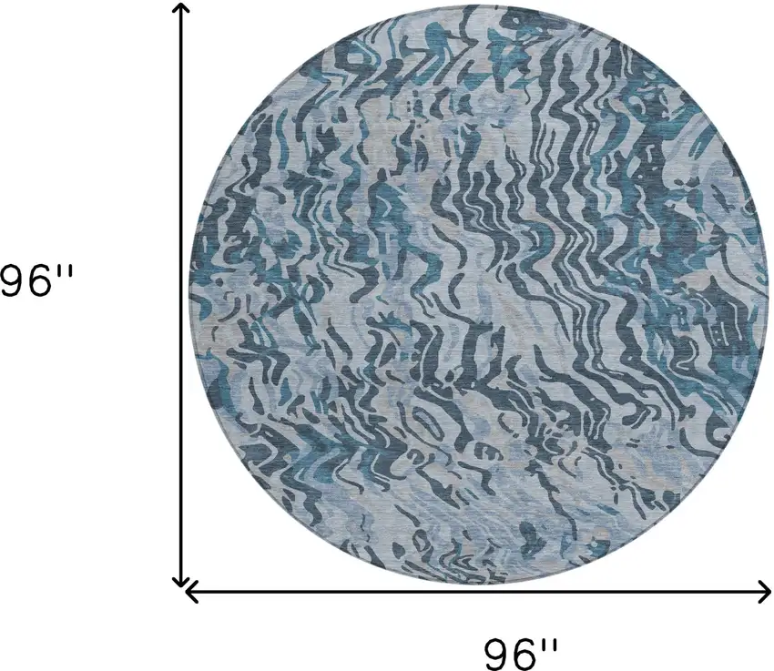 8' Sky Blue Black And Teal Blue Round Abstract Washable Indoor Outdoor Area Rug Photo 3