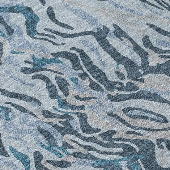 8' Sky Blue Black And Teal Blue Round Abstract Washable Indoor Outdoor Area Rug Photo 8