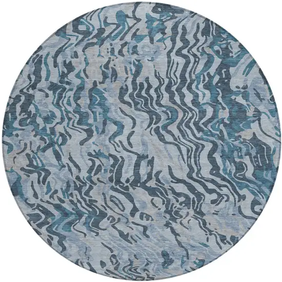 8' Sky Blue Black And Teal Blue Round Abstract Washable Indoor Outdoor Area Rug Photo 2