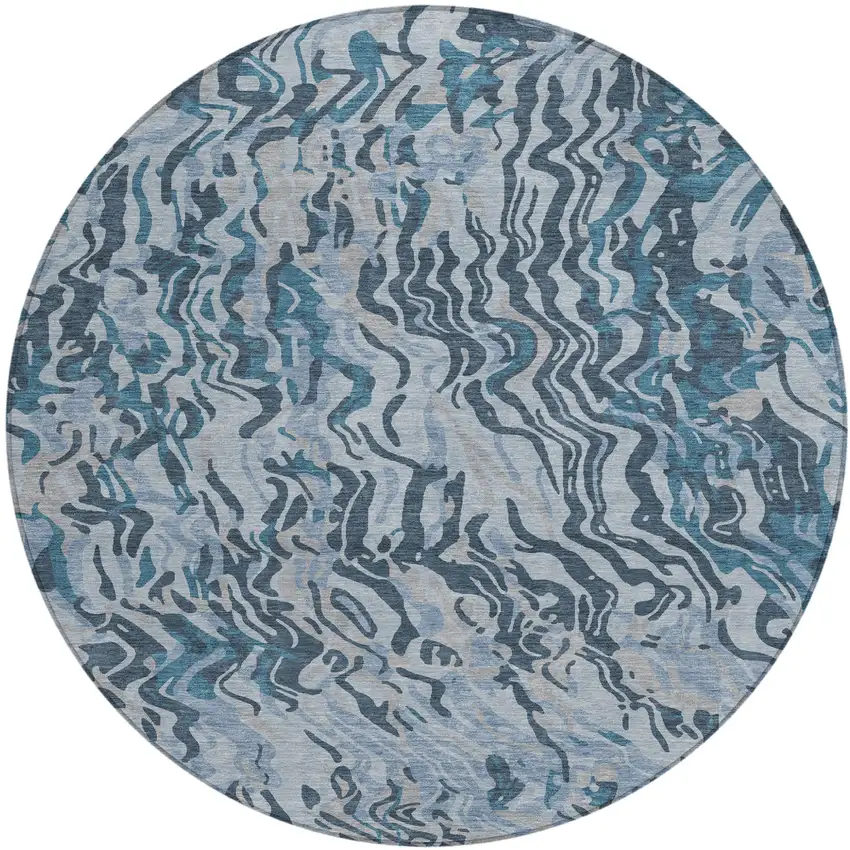 8' Sky Blue Black And Teal Blue Round Abstract Washable Indoor Outdoor Area Rug Photo 2