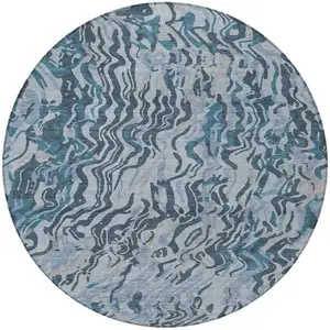 Photo of 8' Sky Blue Black And Teal Blue Round Abstract Washable Indoor Outdoor Area Rug