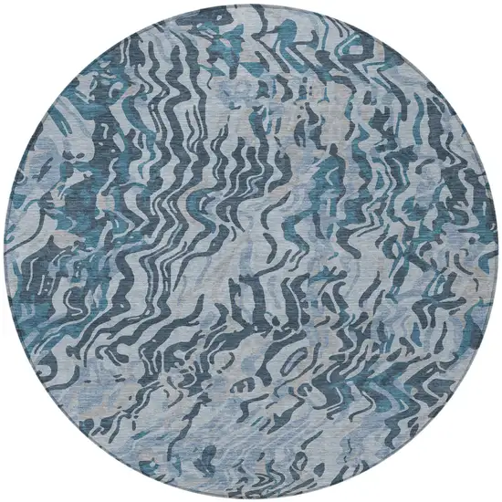 8' Sky Blue Black And Teal Blue Round Abstract Washable Indoor Outdoor Area Rug Photo 5
