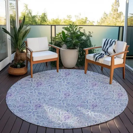 8' Sky Blue Blue And Purple Round Floral Washable Indoor Outdoor Area Rug Photo 7