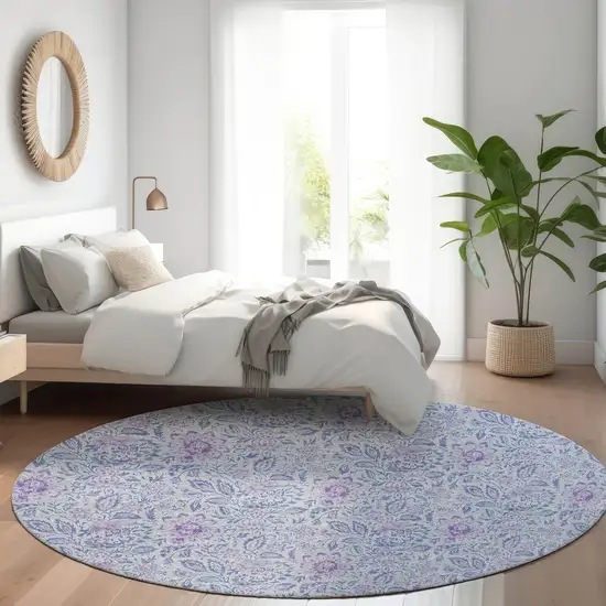 8' Sky Blue Blue And Purple Round Floral Washable Indoor Outdoor Area Rug Photo 8