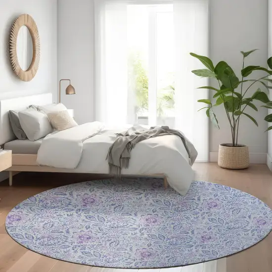 8' Sky Blue Blue And Purple Round Floral Washable Indoor Outdoor Area Rug Photo 8