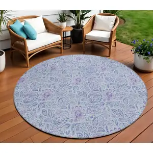Photo of 8' Sky Blue Blue And Purple Round Floral Washable Indoor Outdoor Area Rug