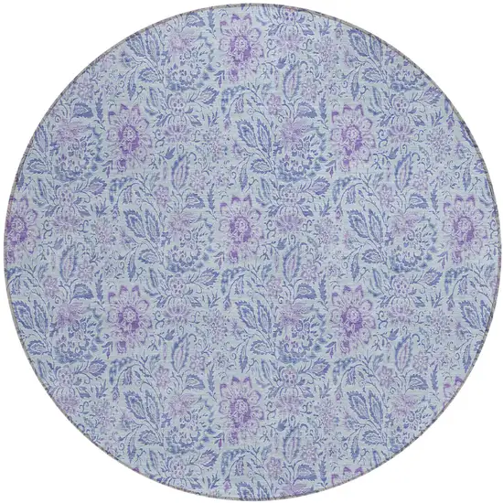 8' Sky Blue Blue And Purple Round Floral Washable Indoor Outdoor Area Rug Photo 2