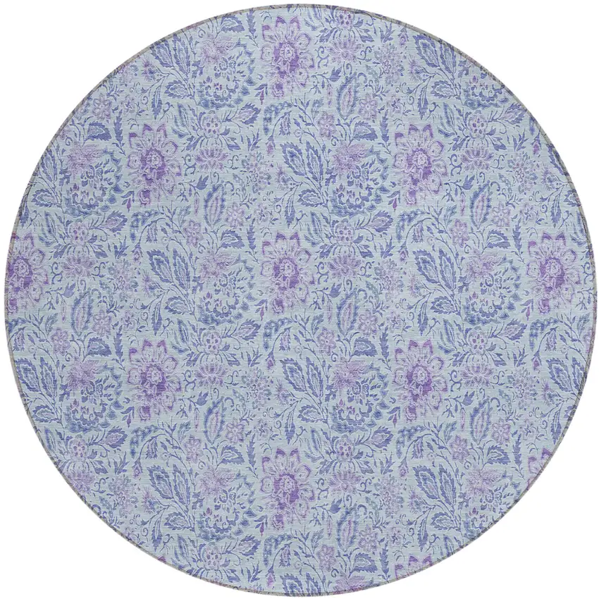 8' Sky Blue Blue And Purple Round Floral Washable Indoor Outdoor Area Rug Photo 2