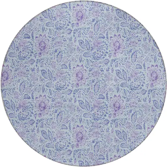 8' Sky Blue Blue And Purple Round Floral Washable Indoor Outdoor Area Rug Photo 2