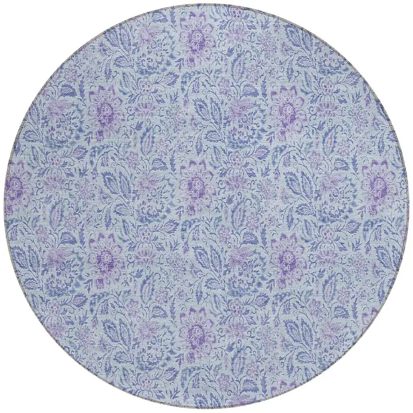 8' Sky Blue Blue And Purple Round Floral Washable Indoor Outdoor Area Rug Photo 6
