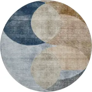 Photo of 8' Sky Blue Brown And Beige Geometric Washable Round Rug With UV Protection