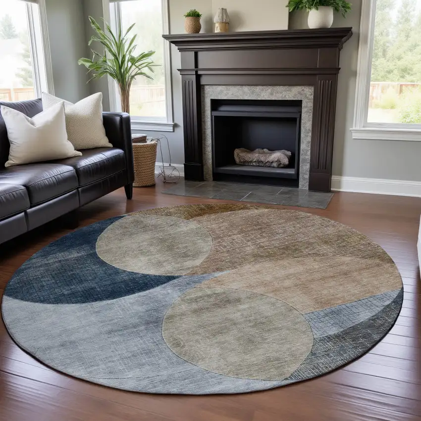 8' Sky Blue Brown And Beige Geometric Washable Round Rug With UV Protection Photo 3