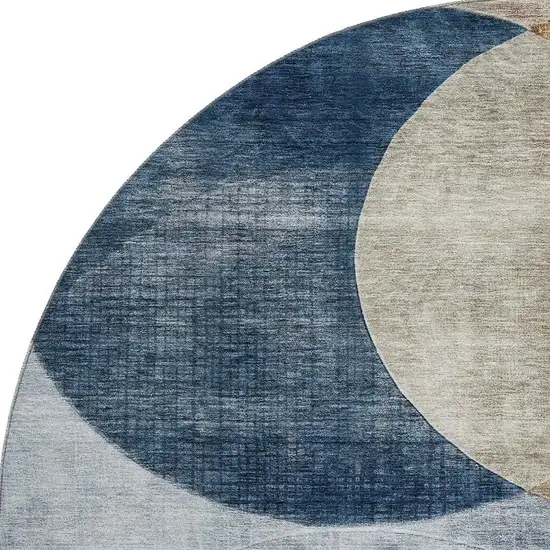 8' Sky Blue Brown And Beige Geometric Washable Round Rug With UV Protection Photo 2