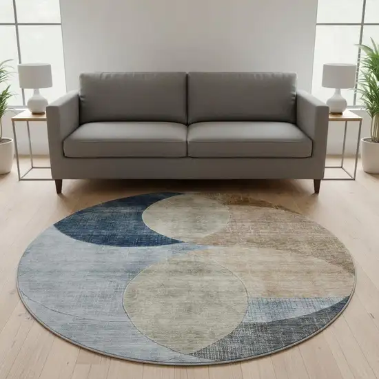 8' Sky Blue Brown And Beige Geometric Washable Round Rug With UV Protection Photo 2