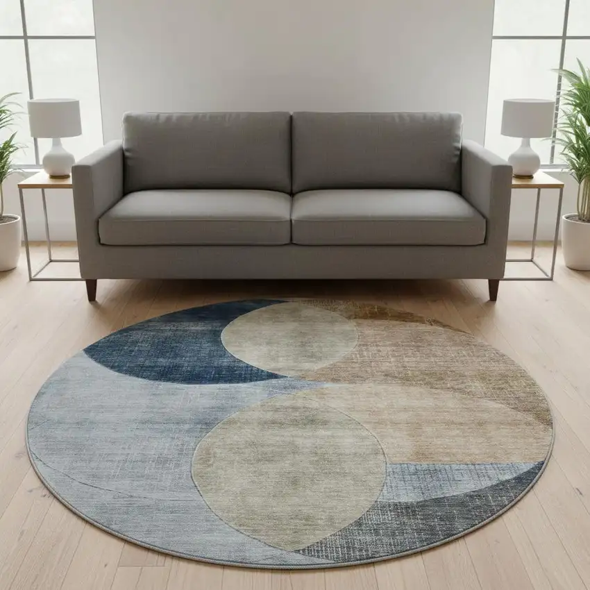 8' Sky Blue Brown And Beige Geometric Washable Round Rug With UV Protection Photo 2