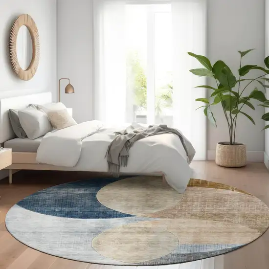 8' Sky Blue Brown And Beige Round Geometric Washable Indoor Outdoor Area Rug Photo 8