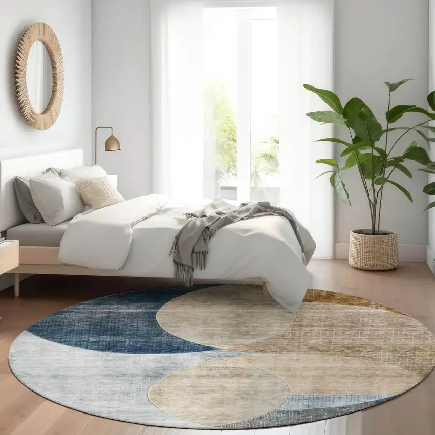 8' Sky Blue Brown And Beige Round Geometric Washable Indoor Outdoor Area Rug Photo 8