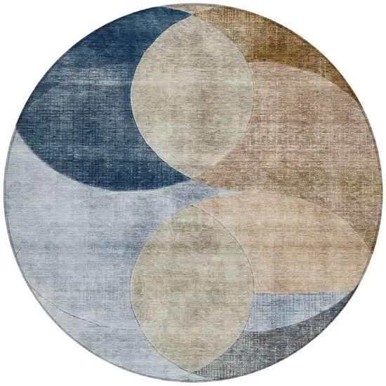 8' Sky Blue Brown And Beige Round Geometric Washable Indoor Outdoor Area Rug Photo 5