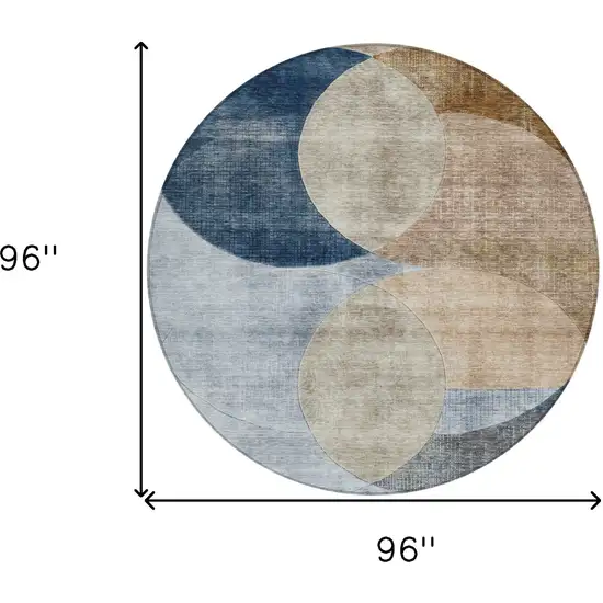 8' Sky Blue Brown And Beige Round Geometric Washable Indoor Outdoor Area Rug Photo 9