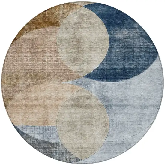 8' Sky Blue Brown And Beige Round Geometric Washable Indoor Outdoor Area Rug Photo 6