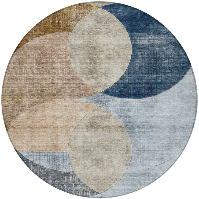 8' Sky Blue Brown And Beige Round Geometric Washable Indoor Outdoor Area Rug Photo 6