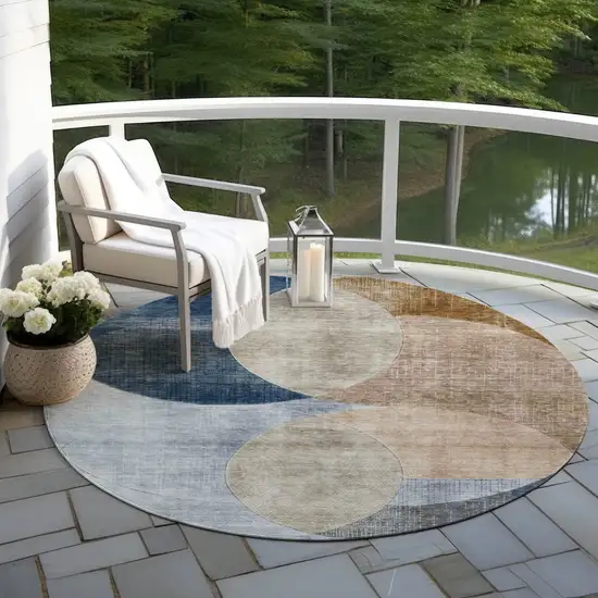8' Sky Blue Brown And Beige Round Geometric Washable Indoor Outdoor Area Rug Photo 7