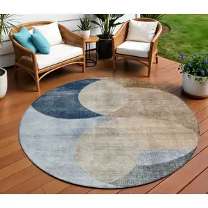 Photo of 8' Sky Blue Brown And Beige Round Geometric Washable Indoor Outdoor Area Rug