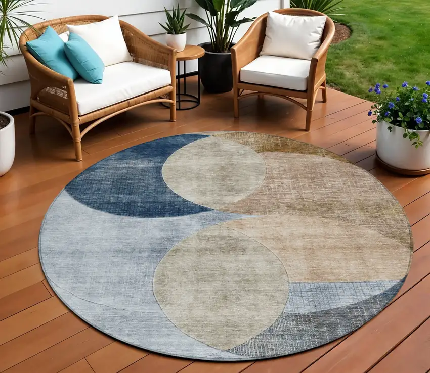 8' Sky Blue Brown And Beige Round Geometric Washable Indoor Outdoor Area Rug Photo 1