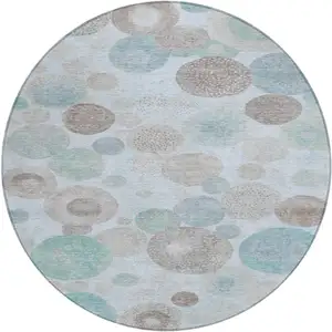 Photo of 8' Sky Blue Brown And Beige Round Geometric Washable Indoor Outdoor Area Rug