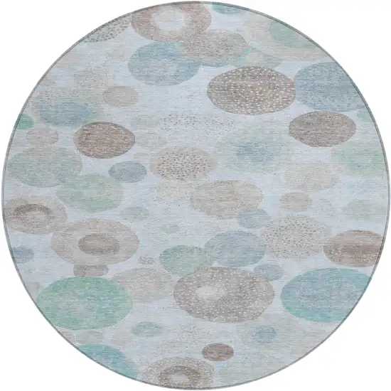 8' Sky Blue Brown And Beige Round Geometric Washable Indoor Outdoor Area Rug Photo 1