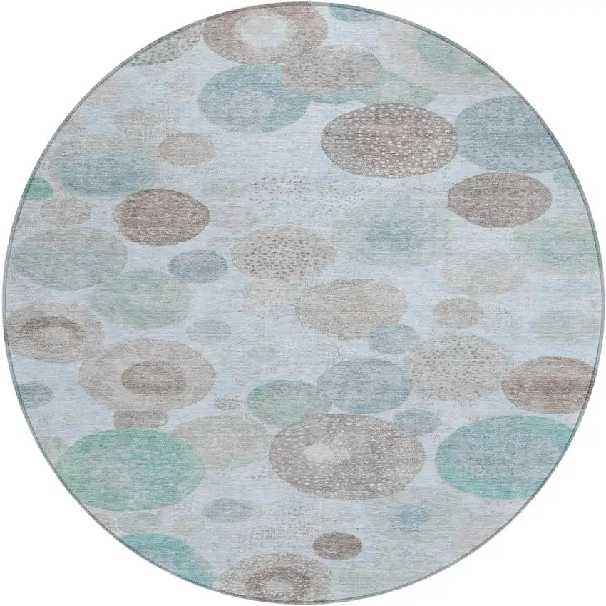 8' Sky Blue Brown And Beige Round Geometric Washable Indoor Outdoor Area Rug Photo 1