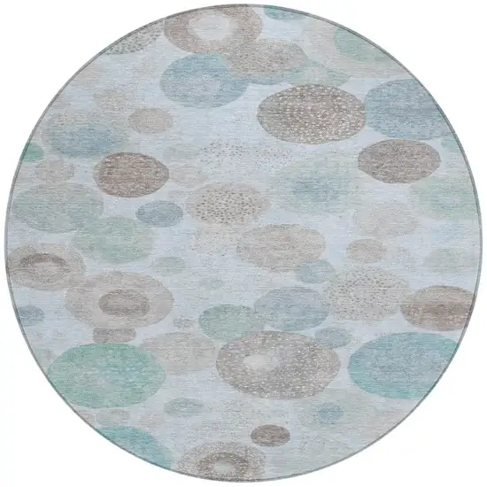 8' Sky Blue Brown And Beige Round Geometric Washable Indoor Outdoor Area Rug Photo 3
