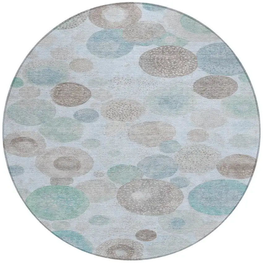 8' Sky Blue Brown And Beige Round Geometric Washable Indoor Outdoor Area Rug Photo 3