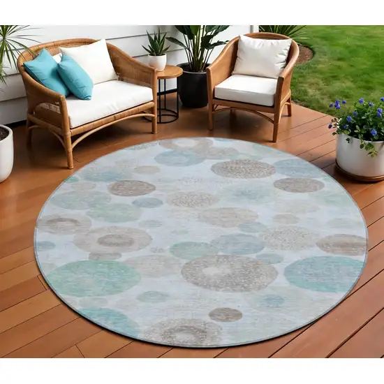 8' Sky Blue Brown And Beige Round Geometric Washable Indoor Outdoor Area Rug Photo 2