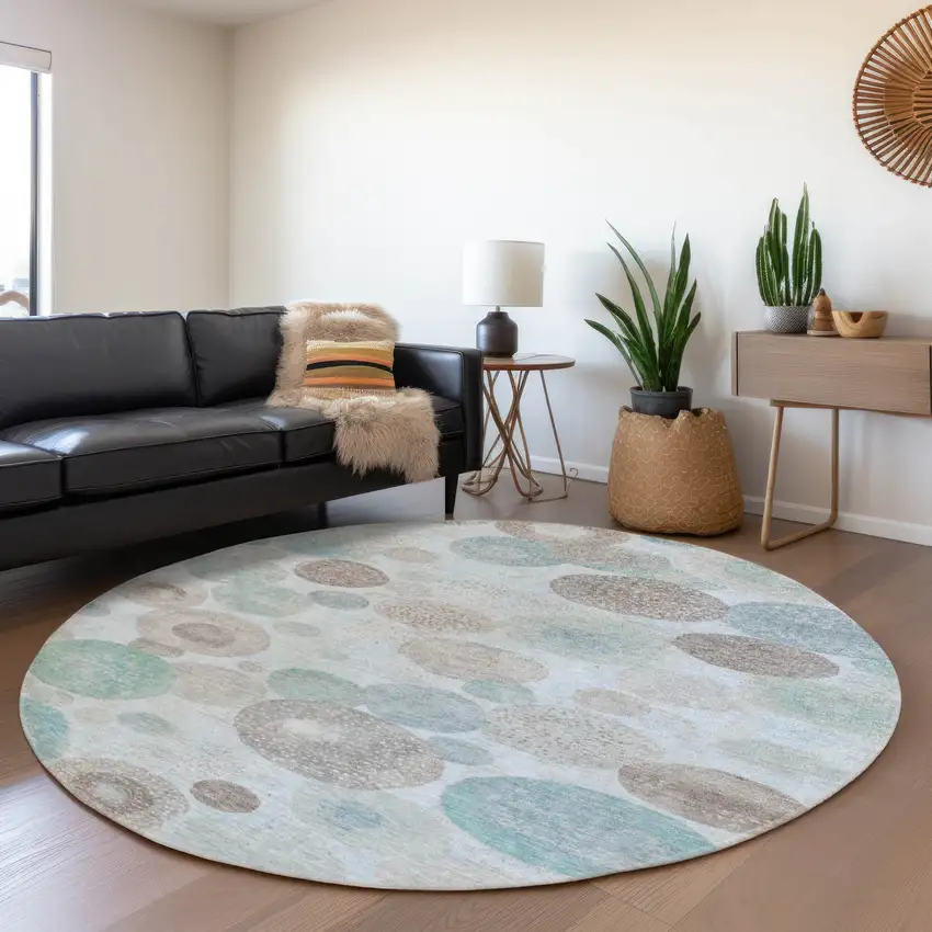 8' Sky Blue Brown And Beige Round Geometric Washable Indoor Outdoor Area Rug Photo 6