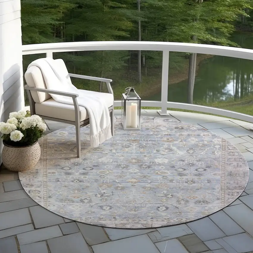 8' Sky Blue Brown And Ivory Round Oriental Washable Indoor Outdoor Area Rug Photo 5