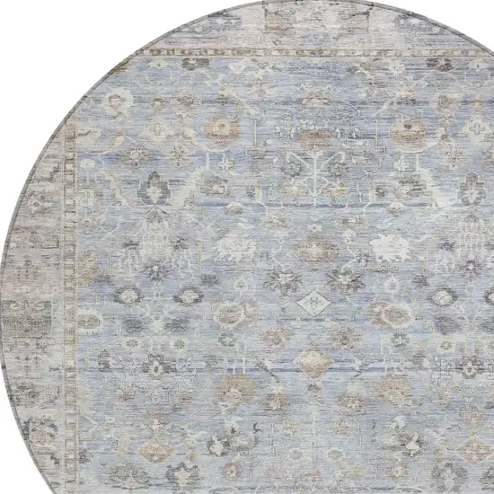 8' Sky Blue Brown And Ivory Round Oriental Washable Indoor Outdoor Area Rug Photo 9