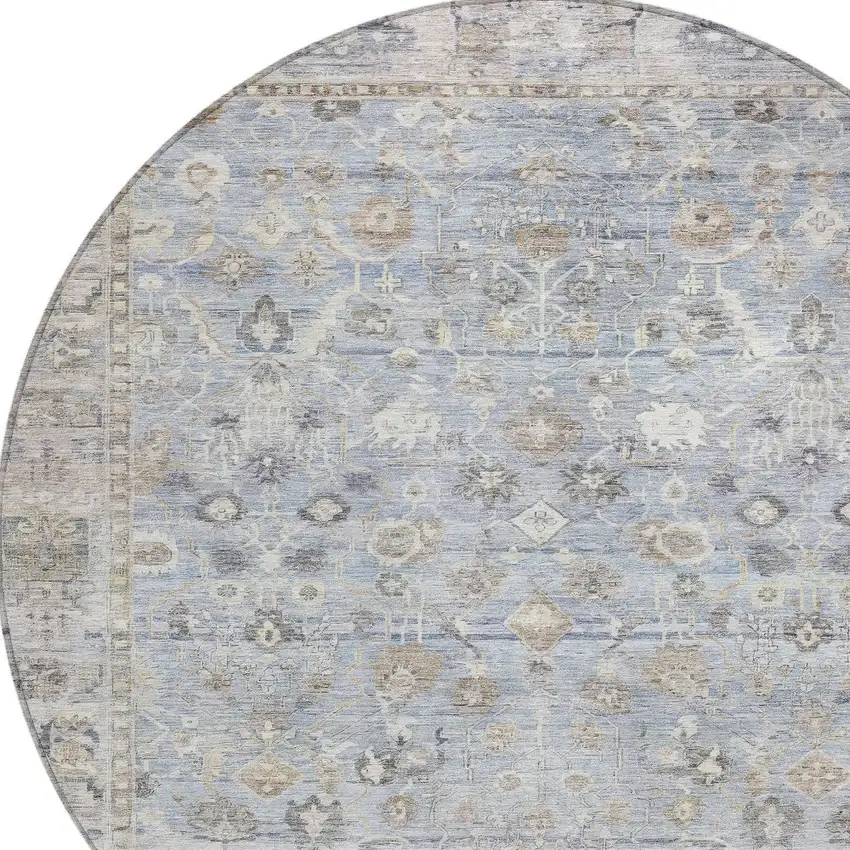 8' Sky Blue Brown And Ivory Round Oriental Washable Indoor Outdoor Area Rug Photo 9