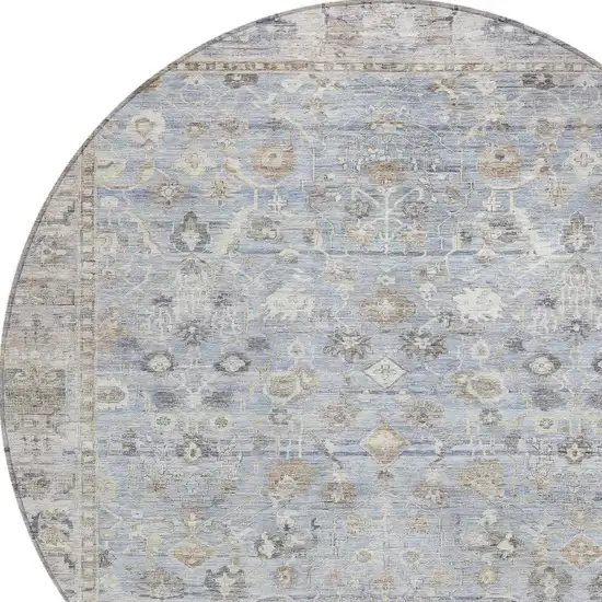 8' Sky Blue Brown And Ivory Round Oriental Washable Indoor Outdoor Area Rug Photo 4
