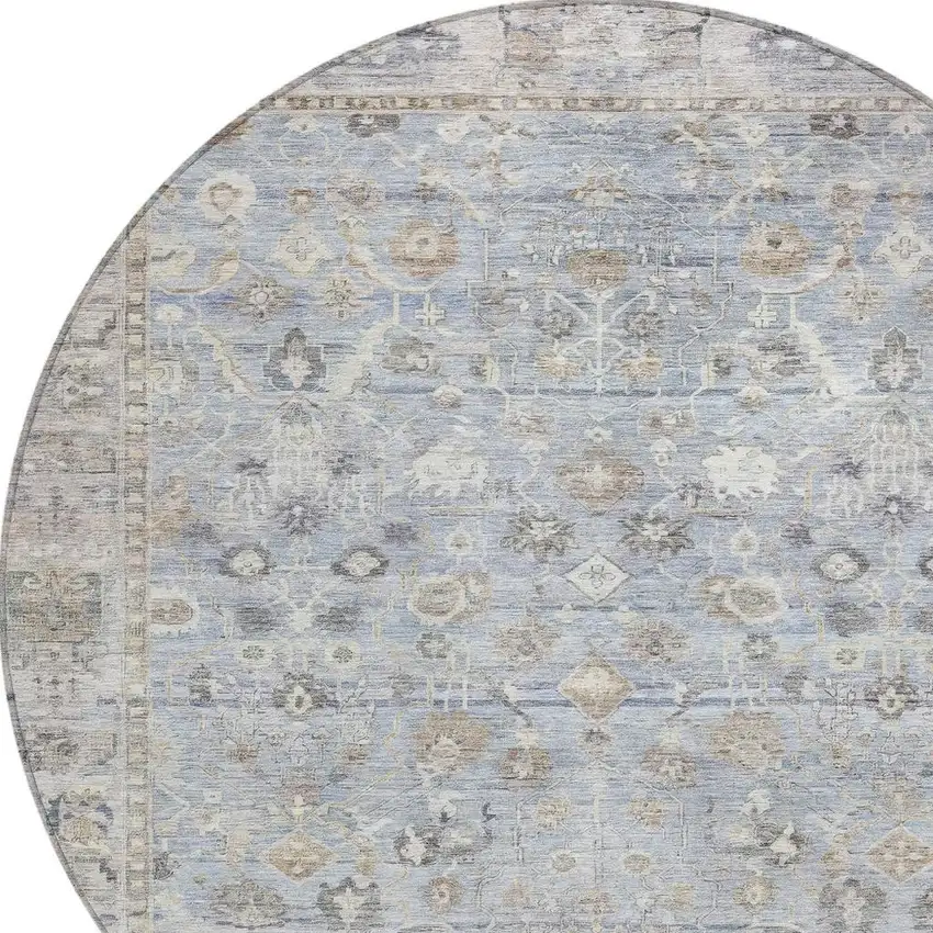 8' Sky Blue Brown And Ivory Round Oriental Washable Indoor Outdoor Area Rug Photo 4