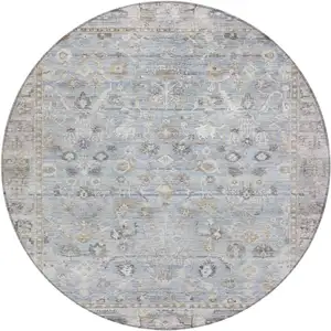 Photo of 8' Sky Blue Brown And Ivory Round Oriental Washable Indoor Outdoor Area Rug