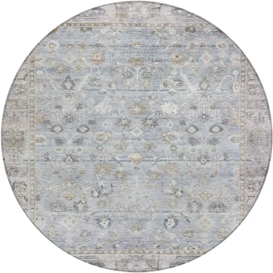 8' Sky Blue Brown And Ivory Round Oriental Washable Indoor Outdoor Area Rug Photo 1