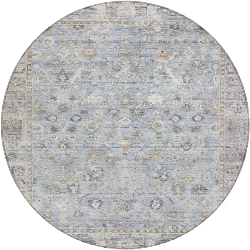 8' Sky Blue Brown And Ivory Round Oriental Washable Indoor Outdoor Area Rug Photo 1