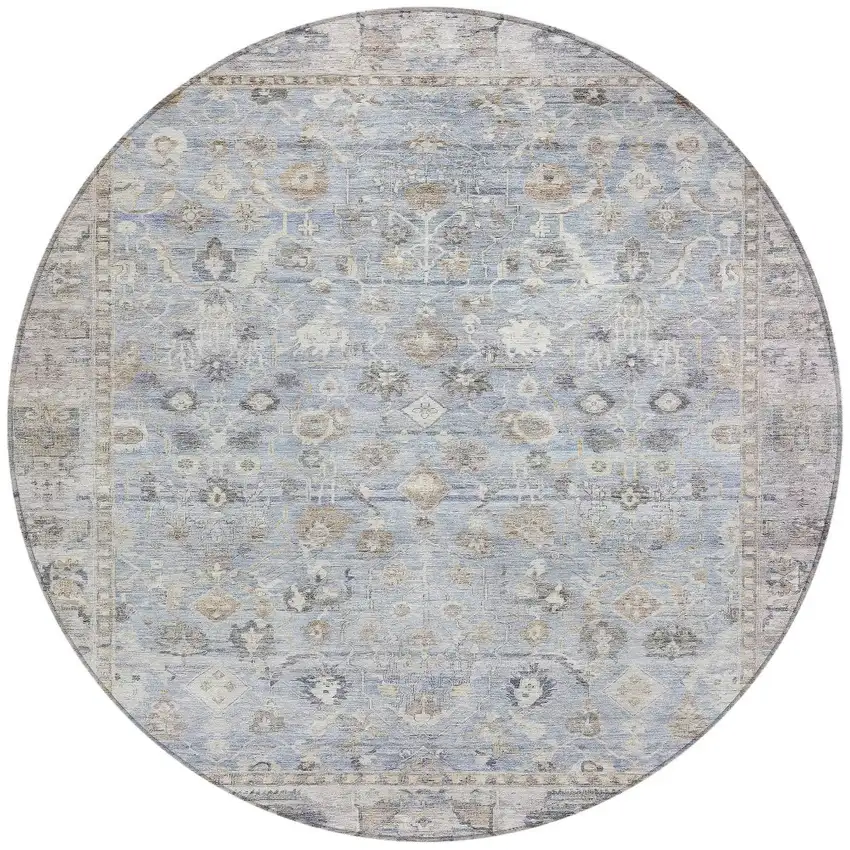 8' Sky Blue Brown And Ivory Round Oriental Washable Indoor Outdoor Area Rug Photo 3