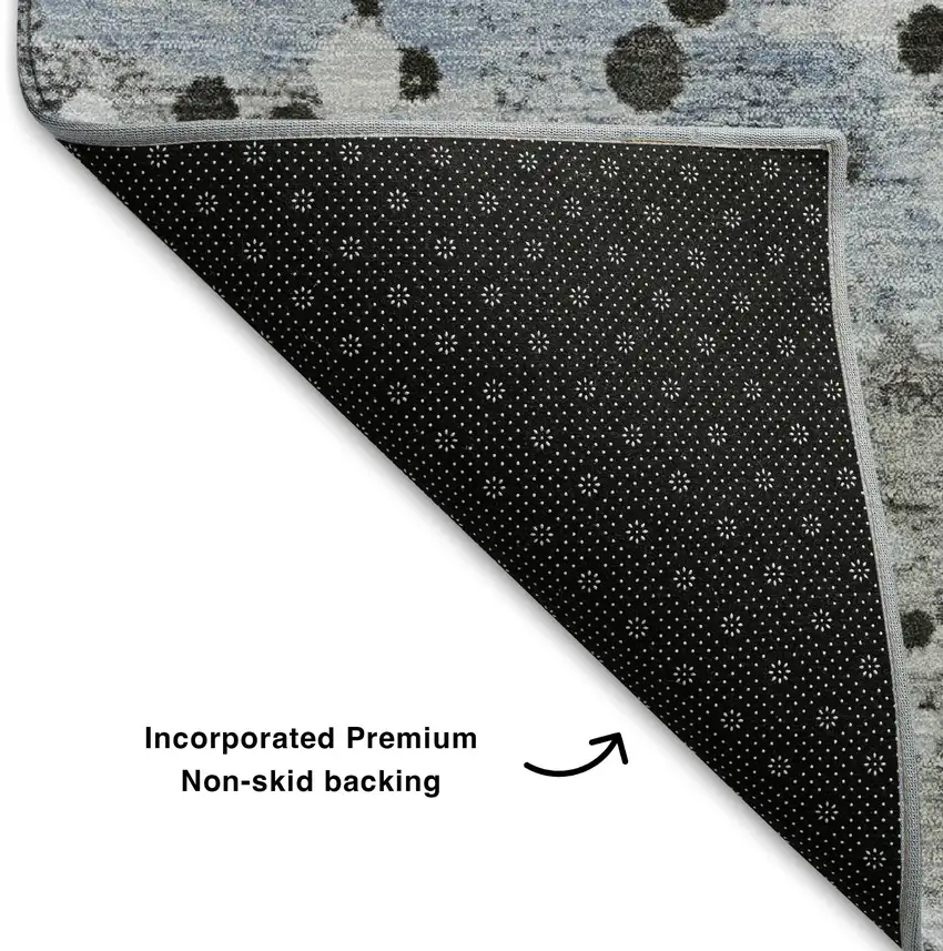 8' Sky Blue Charcoal And Ivory Abstract Washable Round Rug With UV Protection Photo 6