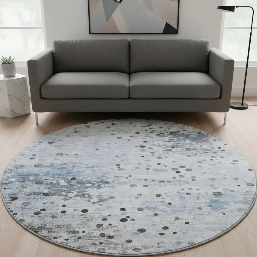 8' Sky Blue Charcoal And Ivory Abstract Washable Round Rug With UV Protection Photo 2