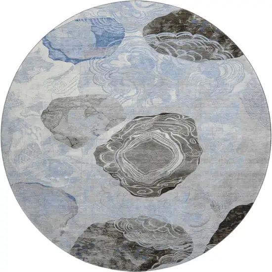 8' Sky Blue Charcoal And Ivory Geometric Washable Round Rug With UV Protection Photo 1