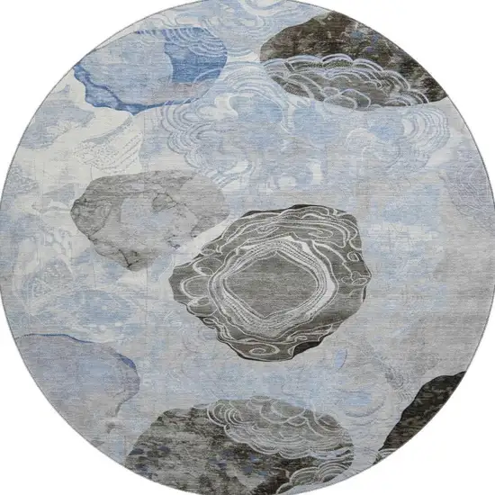 8' Sky Blue Charcoal And Ivory Geometric Washable Round Rug With UV Protection Photo 2