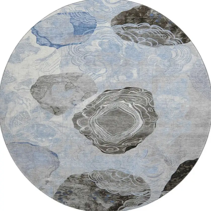 8' Sky Blue Charcoal And Ivory Geometric Washable Round Rug With UV Protection Photo 2